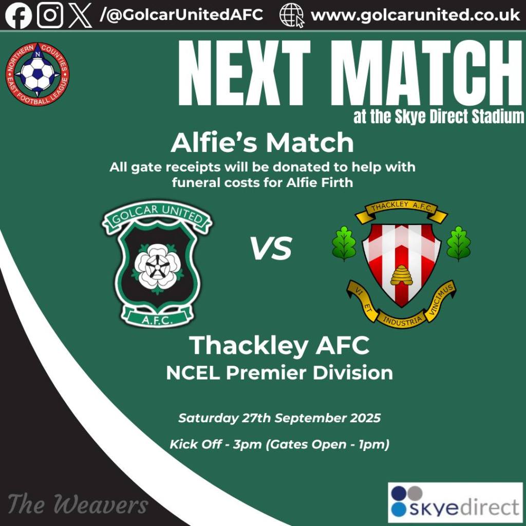 Smith Allen Match Day Sponsor — Golcar United vs Thackley AFC (Sat 27 September,&nbsp;3.00pm)